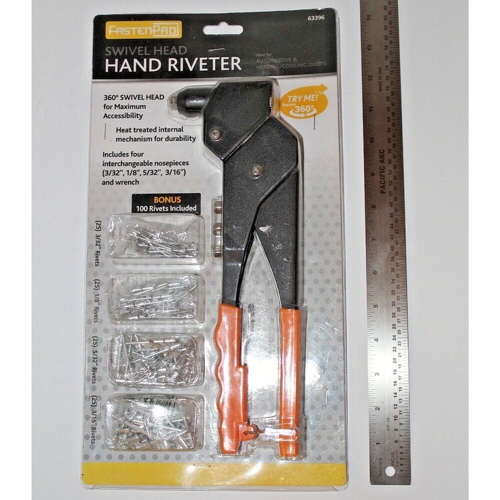FastenPro 63396 Swivel Head Hand Riveter Gun 100 Rivets 4 Nosepieces NEW